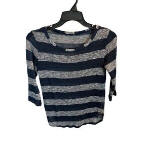 Striped‎ 3/4 Sleeve Top Lightweight Blue Gray Knit Pullover Women's